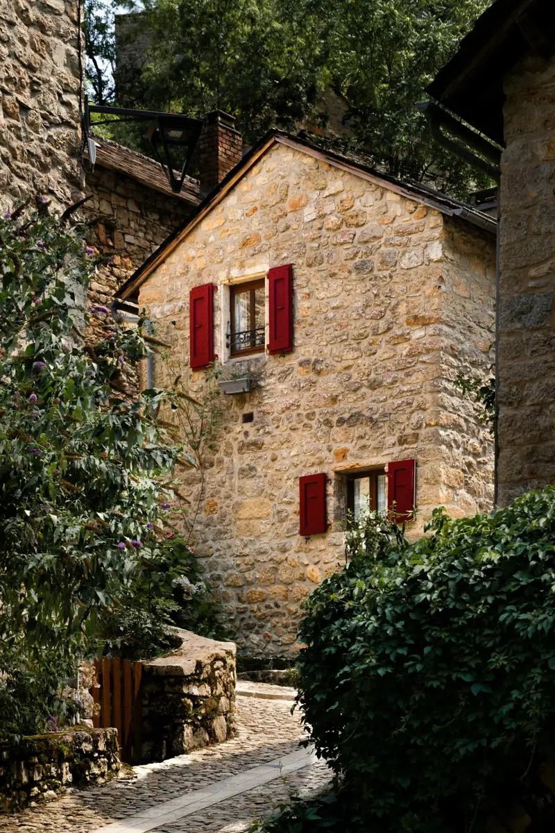 Façade en pierre d'une maison de caractère avec volets rouges
